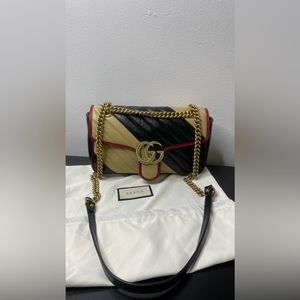 Gucci GG Marmont Flap Bag Diagonal Quilted Leather Small Black, Neutral, Red
